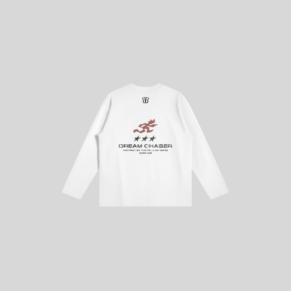 Barrio Clothing Dream Chaser white oversized long sleeve tee with runner graphic and three star back print