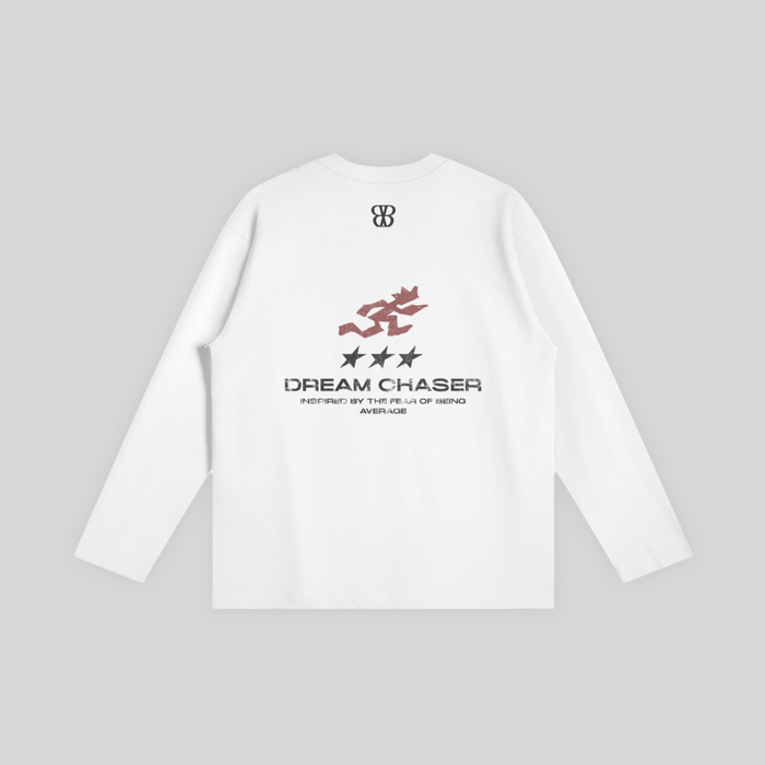 Barrio Clothing Dream Chaser white oversized long sleeve tee with runner graphic and three star back print